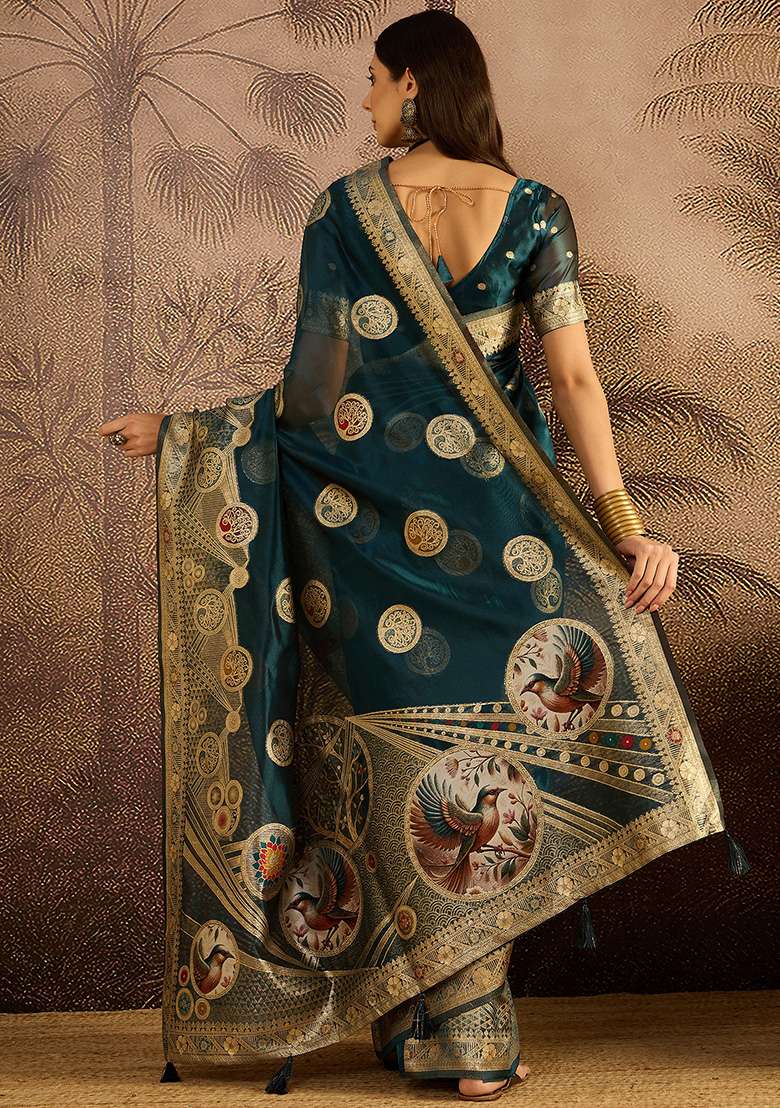 Teal Zari Woven Organza Saree Set for Diwali | Wedding & Festive Wear - Indya