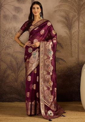 Wine Zari Woven Organza Saree Set