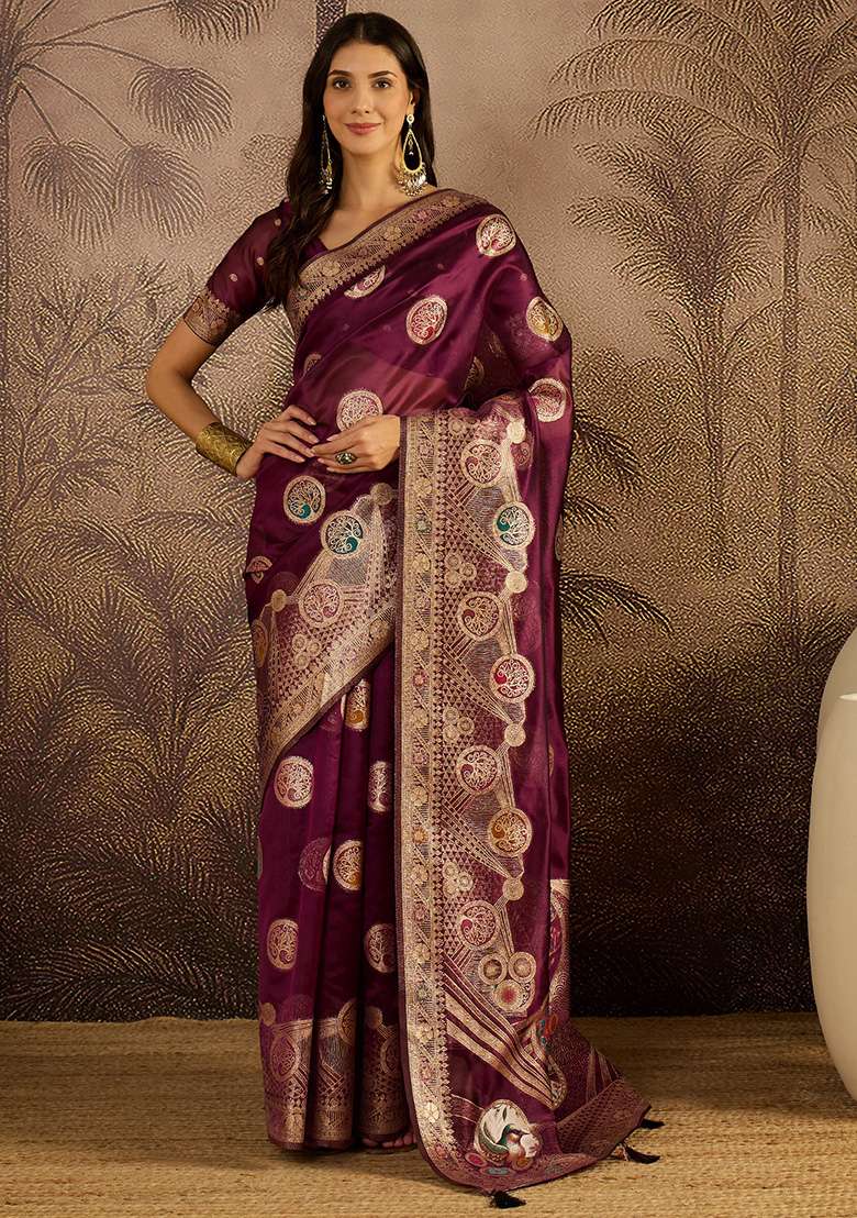 Wine Zari Woven Organza Saree Set for Diwali | Wedding & Festive Wear - Indya