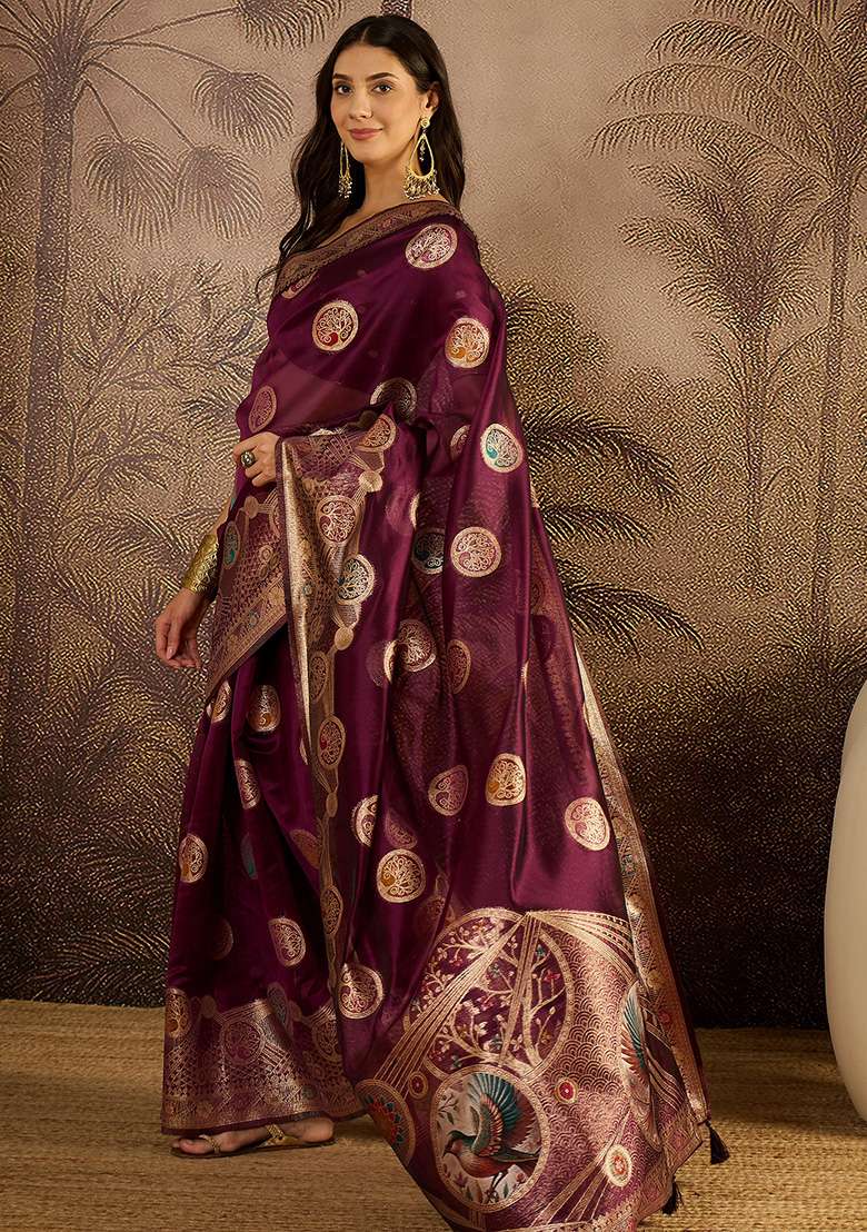 Wine Zari Woven Organza Saree Set for Diwali | Wedding & Festive Wear - Indya