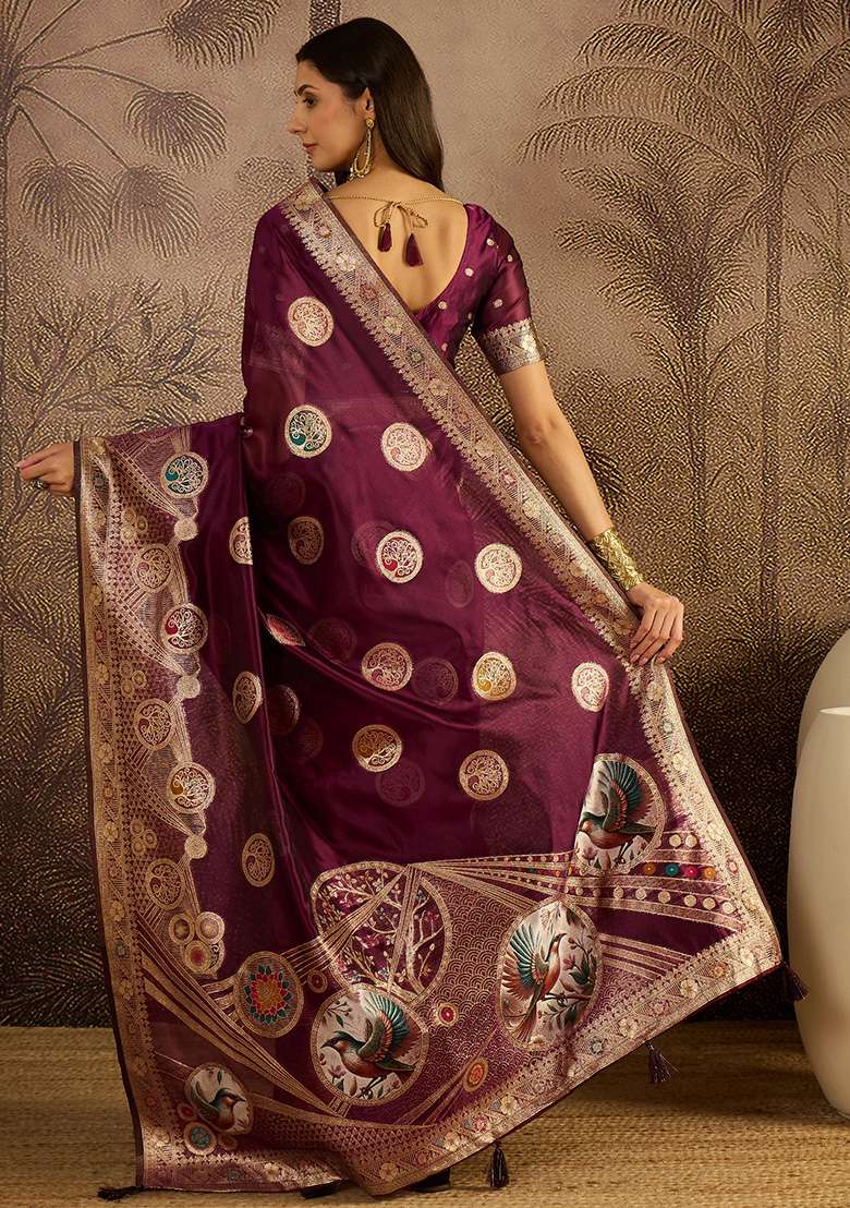 Wine Zari Woven Organza Saree Set for Diwali | Wedding & Festive Wear - Indya