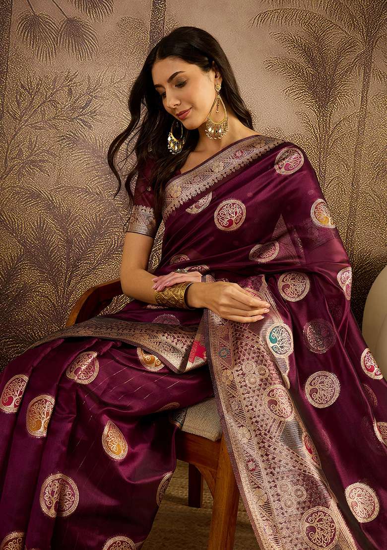 Wine Zari Woven Organza Saree Set for Diwali | Wedding & Festive Wear - Indya