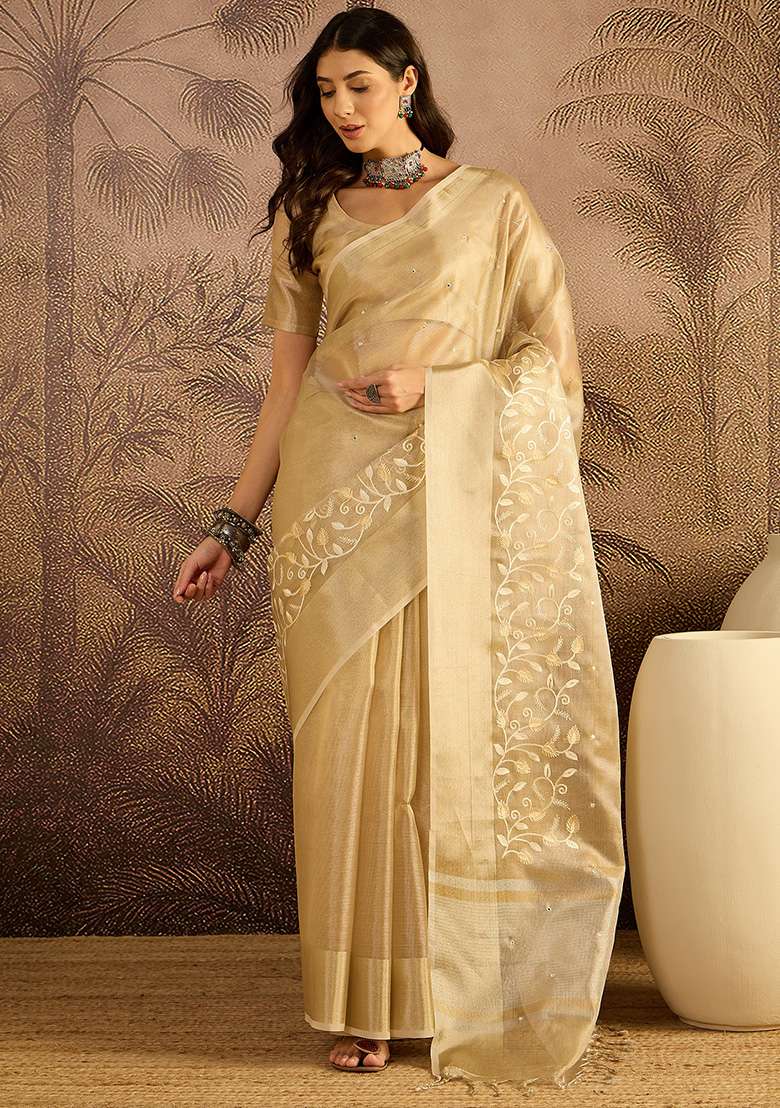 Beige Net Saree Set with Embroidery for Diwali | Wedding & Festive Wear - Indya