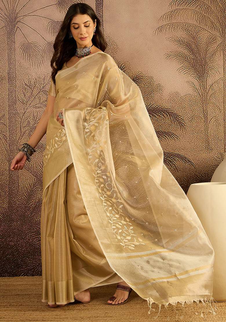 Beige Net Saree Set with Embroidery for Diwali | Wedding & Festive Wear - Indya