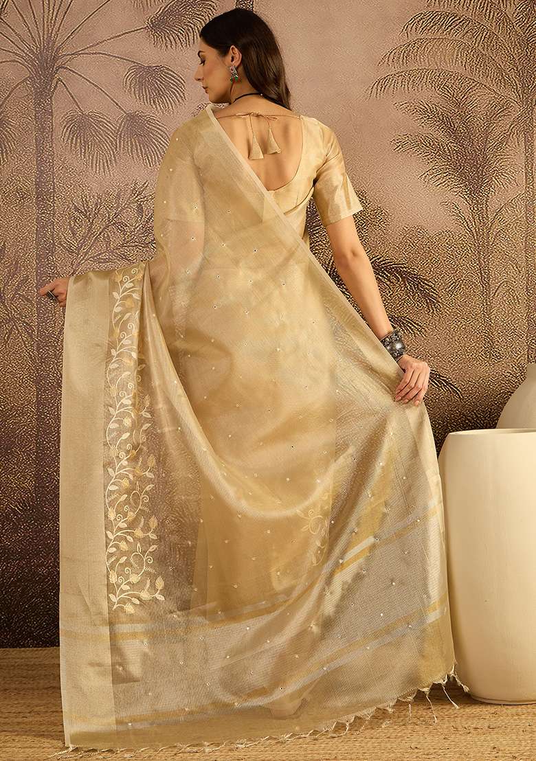 Beige Net Saree Set with Embroidery for Diwali | Wedding & Festive Wear - Indya