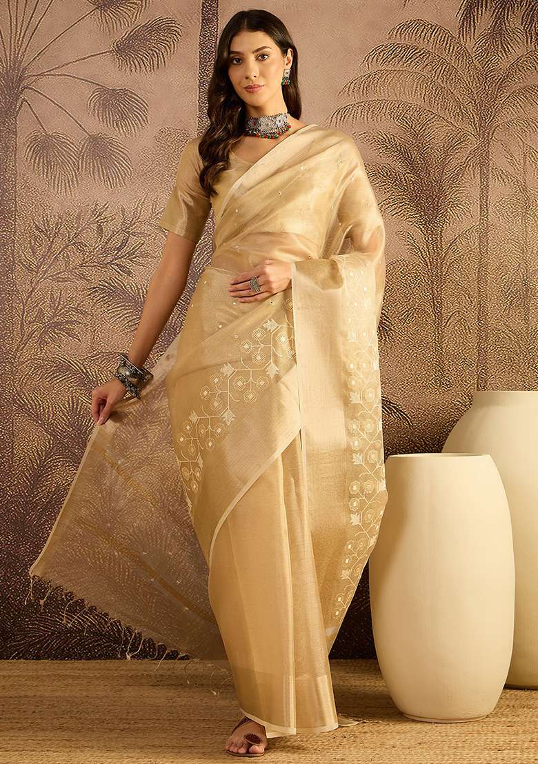 Beige Net Saree Set with Embroidery for Diwali | Wedding & Festive Wear - Indya