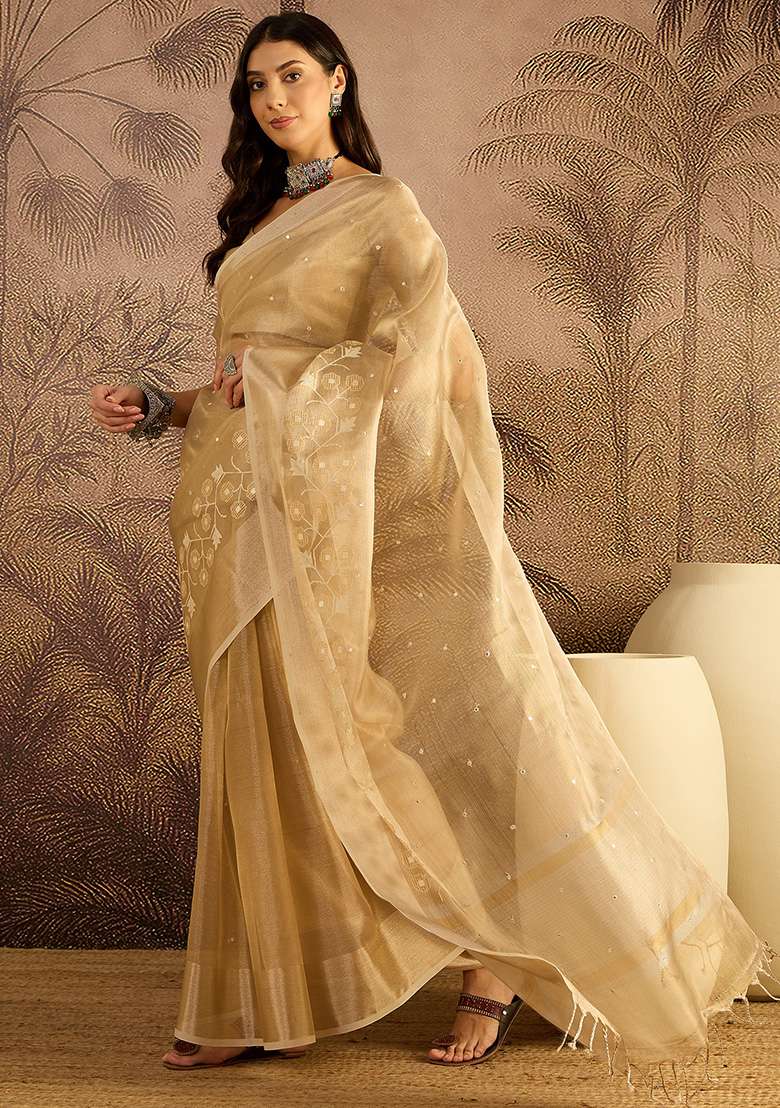 Beige Net Saree Set with Embroidery for Diwali | Wedding & Festive Wear - Indya