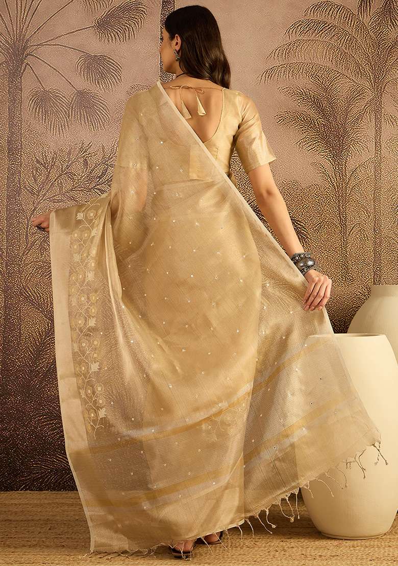 Beige Net Saree Set with Embroidery for Diwali | Wedding & Festive Wear - Indya