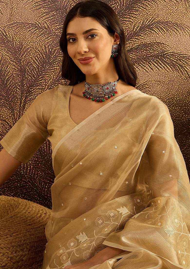 Beige Net Saree Set with Embroidery for Diwali | Wedding & Festive Wear - Indya