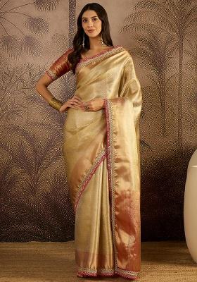 Beige Zari Silk Saree Set