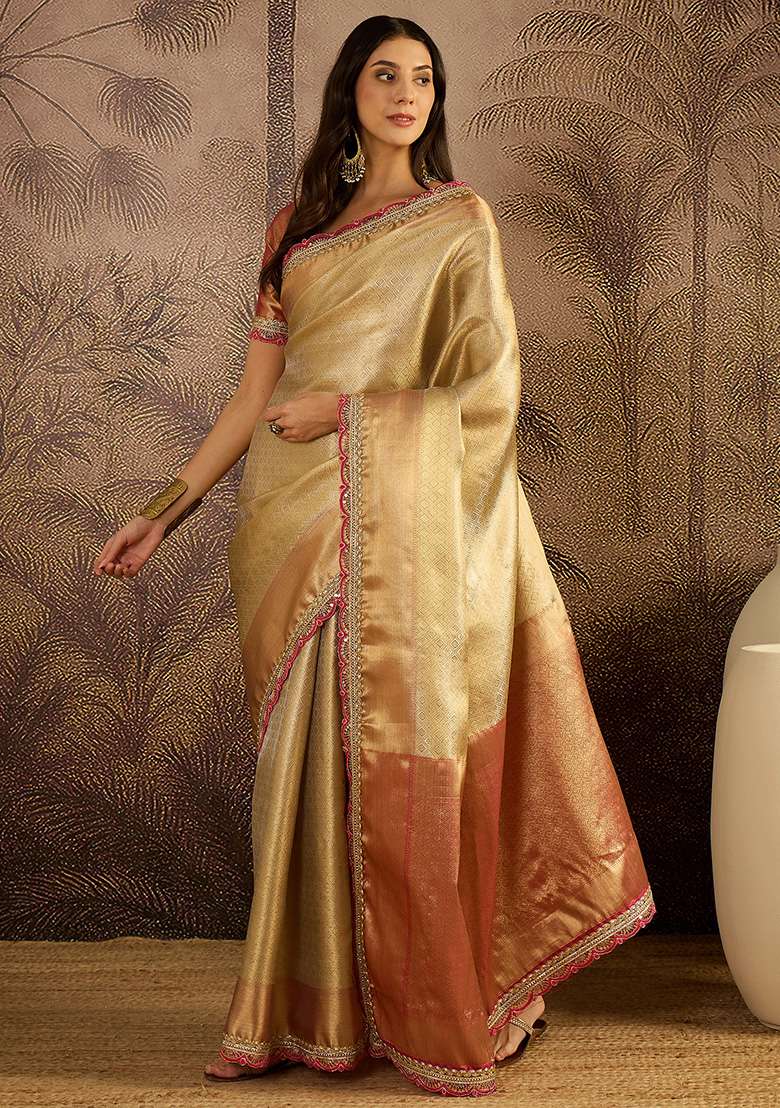 Beige Zari Silk Blend Saree Set - Indya