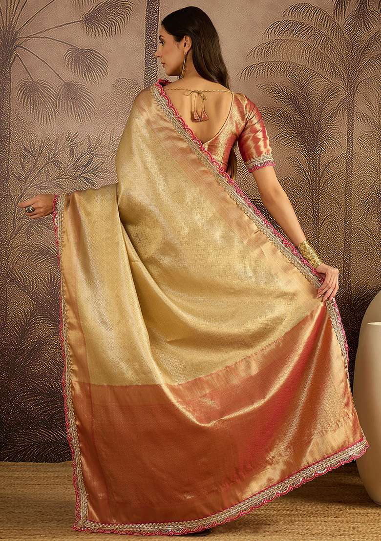 Beige Zari Silk Blend Saree Set - Indya