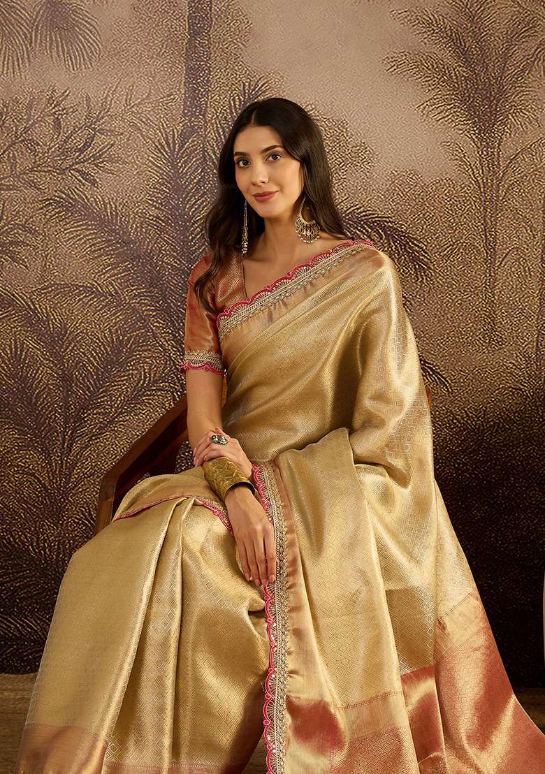 Beige Zari Silk Blend Saree Set - Indya