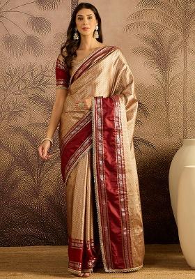 Beige Zari Silk Saree Set