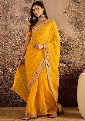 Yellow Bandhni Georgette Saree Set