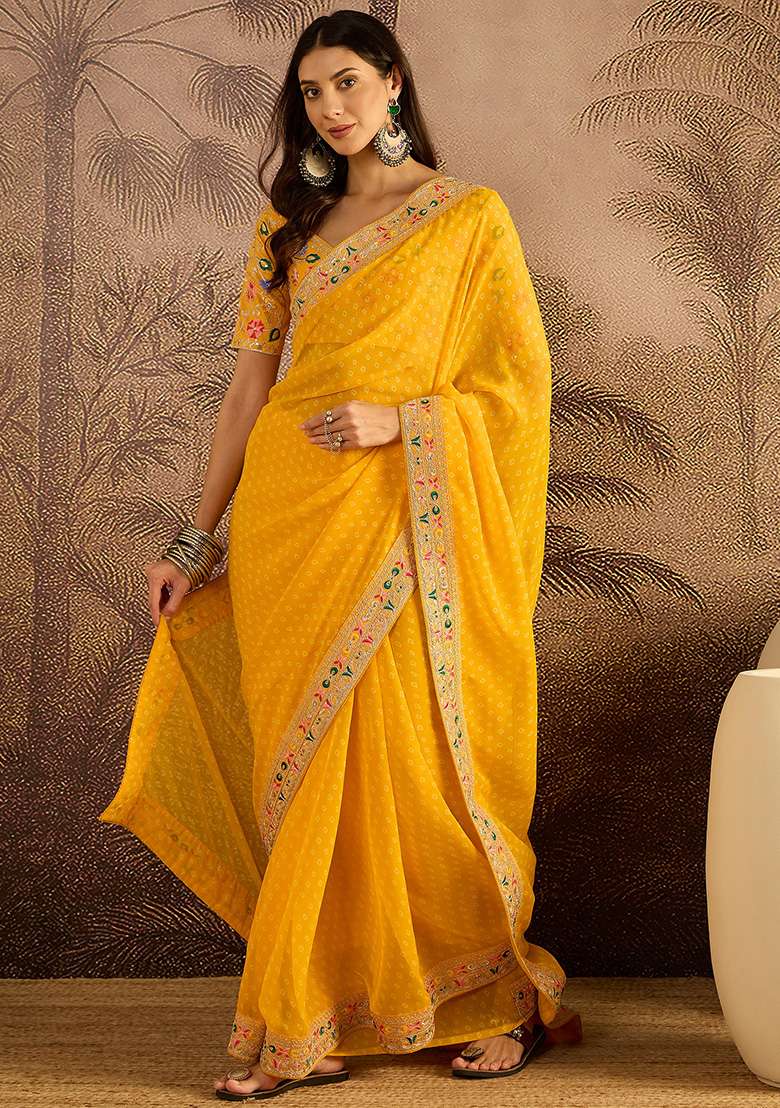 Yellow Bandhni Georgette Saree Set for Diwali and Festive Wear - Indya
