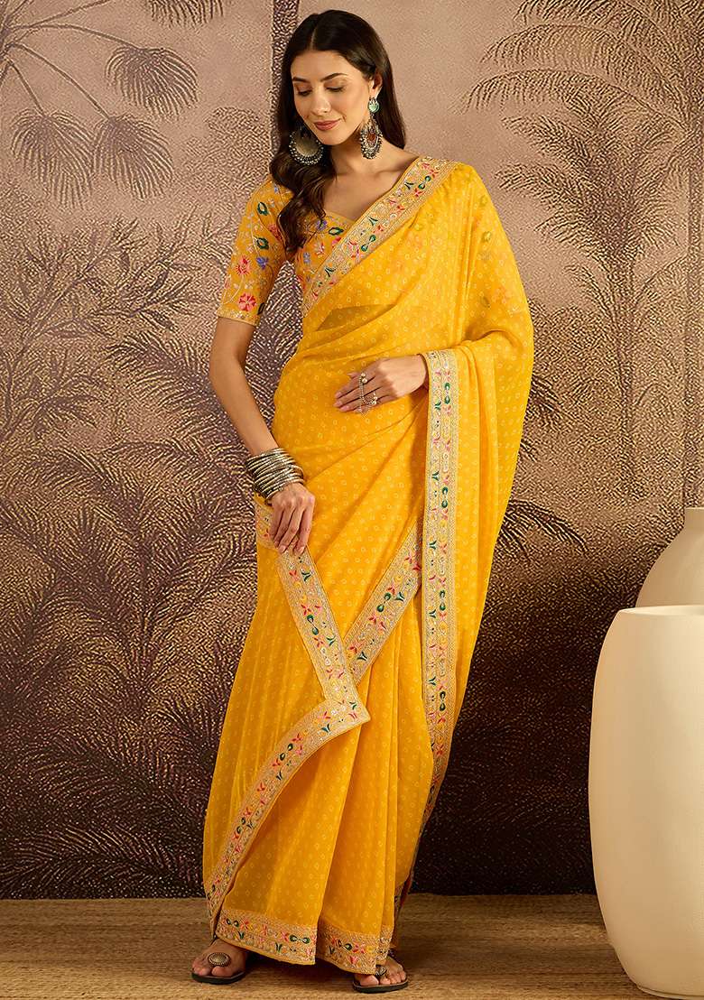 Yellow Bandhni Georgette Saree Set for Diwali and Festive Wear - Indya