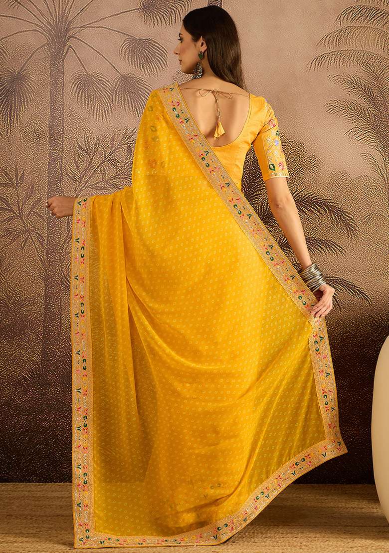 Yellow Bandhni Georgette Saree Set for Diwali and Festive Wear - Indya
