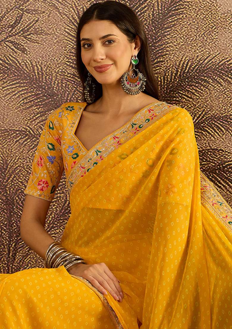 Yellow Bandhni Georgette Saree Set for Diwali and Festive Wear - Indya