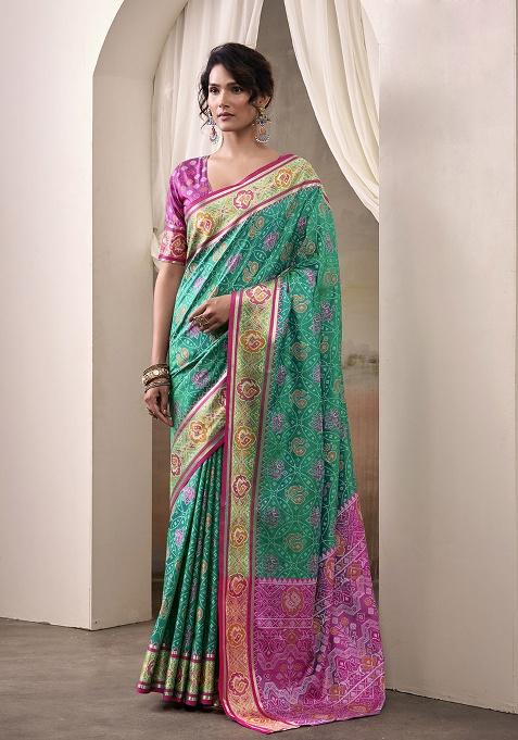 Teal Patola Silk Saree Set