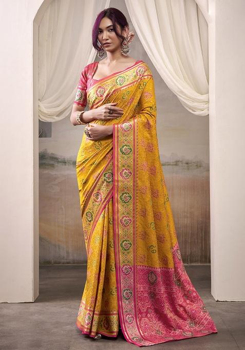 Yellow Patola Silk Saree Set