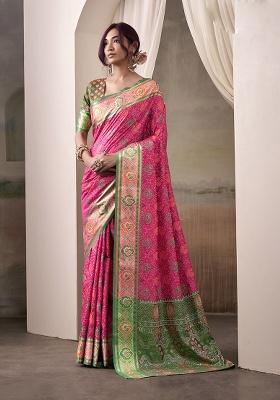 Pink Patola Silk Saree Set
