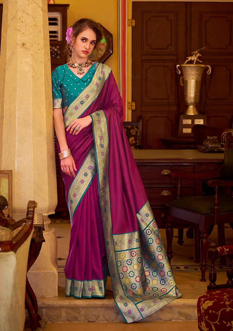 Wine Woven Silk Blend Saree Set - Indya