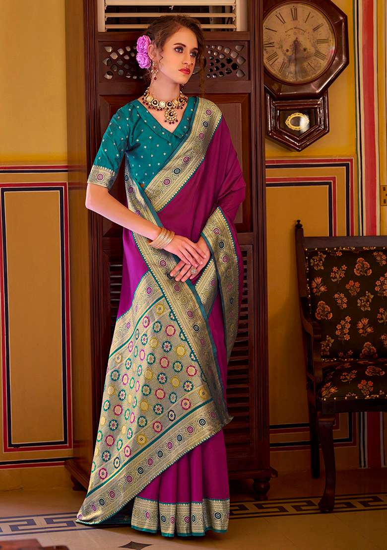Wine Woven Silk Blend Saree Set - Indya