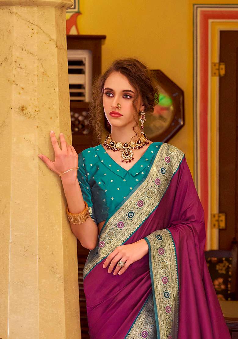 Wine Woven Silk Blend Saree Set - Indya