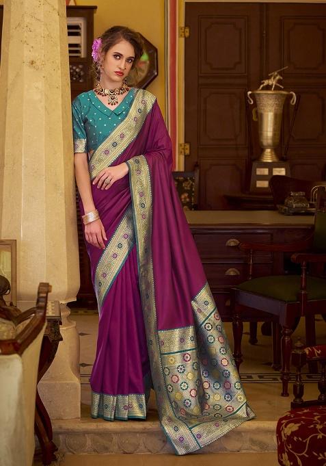 Wine Woven Silk Saree Set