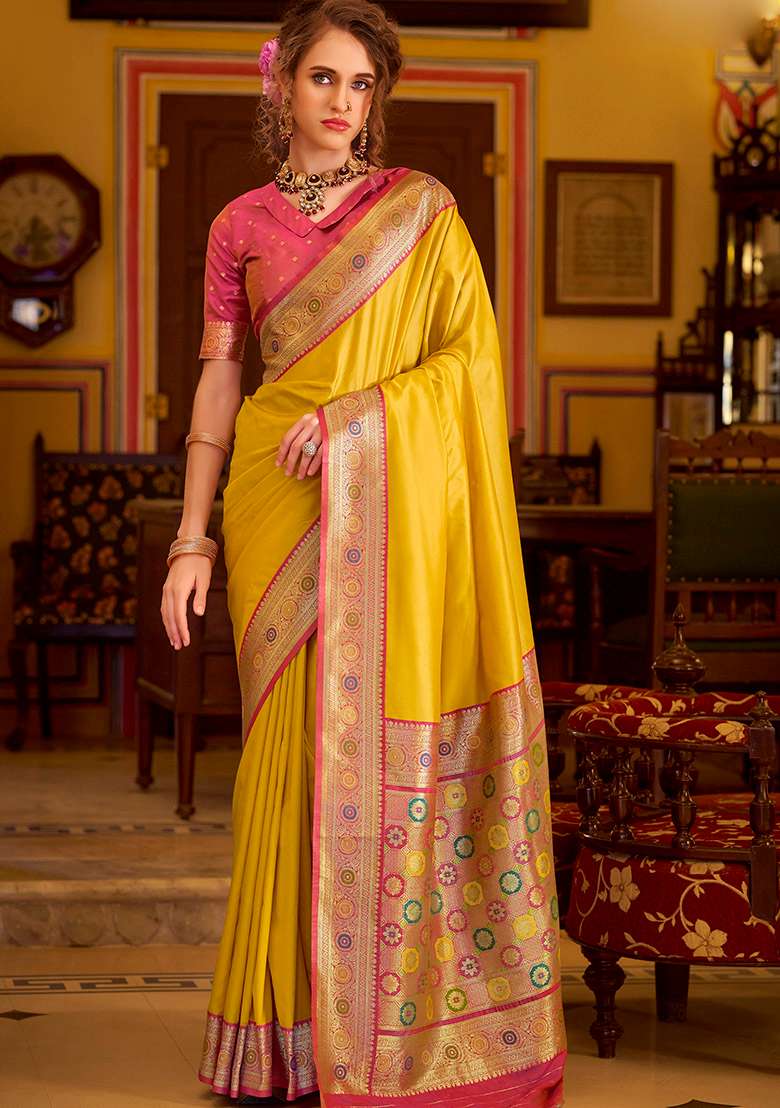 Yellow Woven Silk Saree Set - Indya