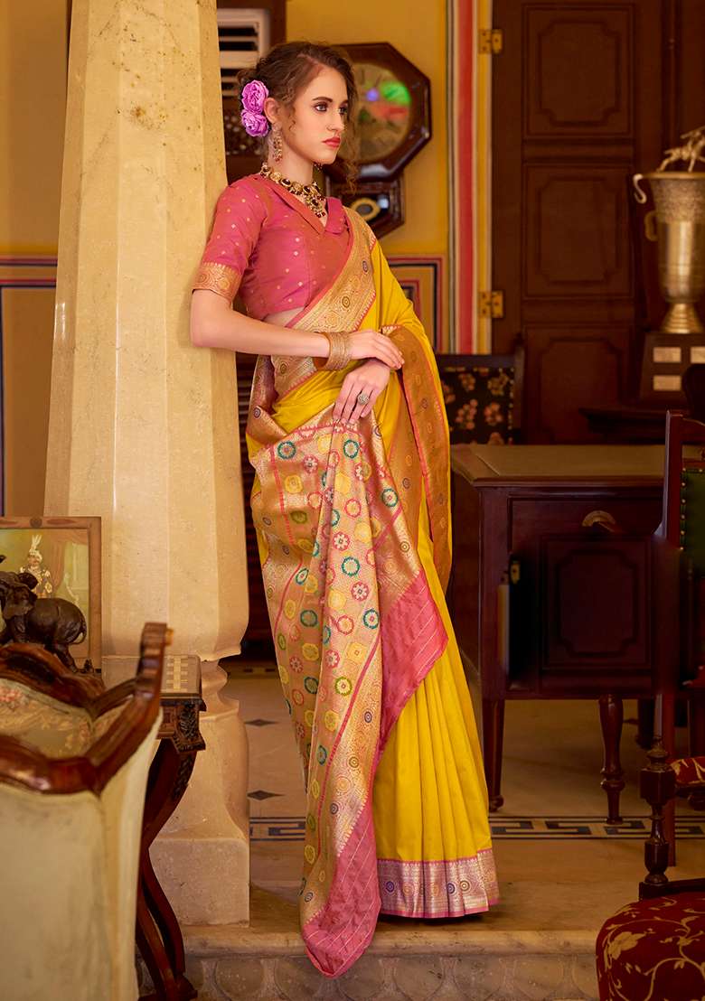 Yellow Woven Silk Saree Set - Indya