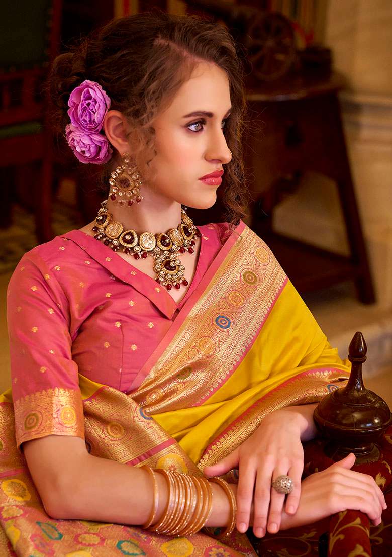 Yellow Woven Silk Saree Set - Indya