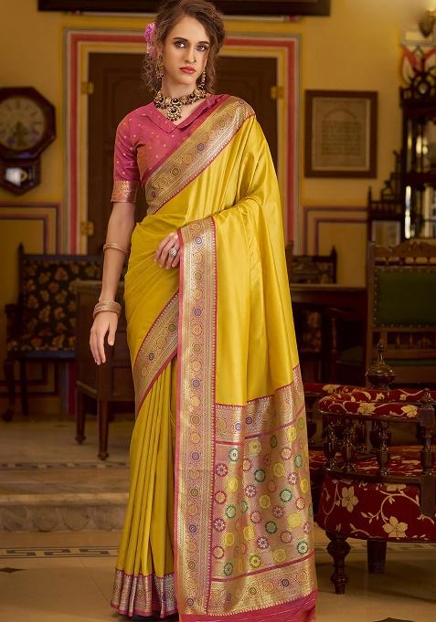 Yellow Woven Silk Saree Set