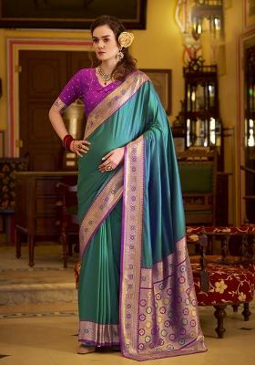 Teal Woven Silk Saree Set