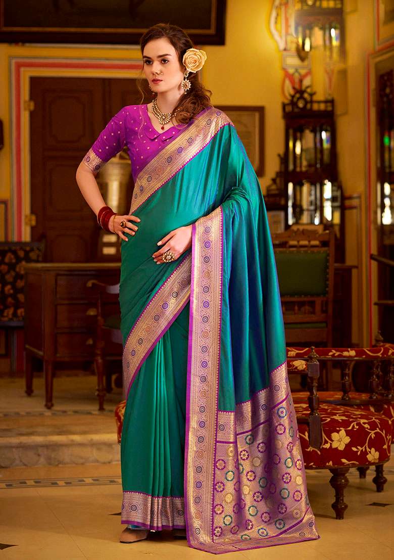 Teal Woven Silk Blend Saree Set - Indya
