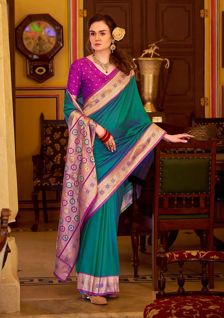 Teal Woven Silk Blend Saree Set - Indya