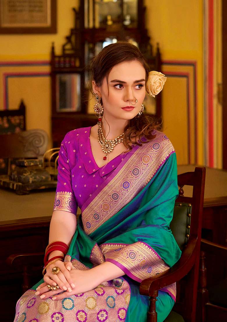 Teal Woven Silk Blend Saree Set - Indya