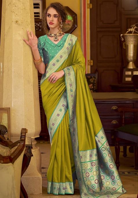 Neon Woven Silk Saree Set