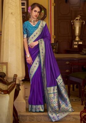 Purple Woven Silk Saree Set