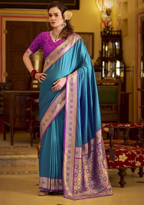 Blue Woven Silk Saree Set