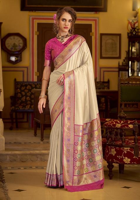 Beige Woven Silk Saree Set