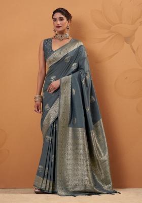 Grey Woven Silk Saree Set