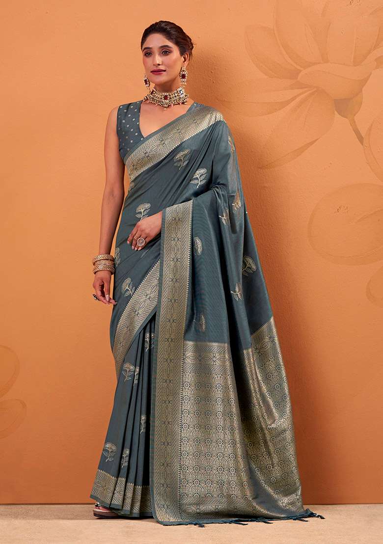 Grey Woven Silk Blend Saree Set - Indya