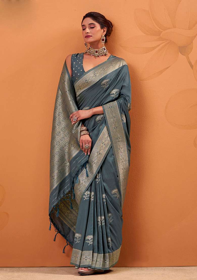 Grey Woven Silk Blend Saree Set - Indya