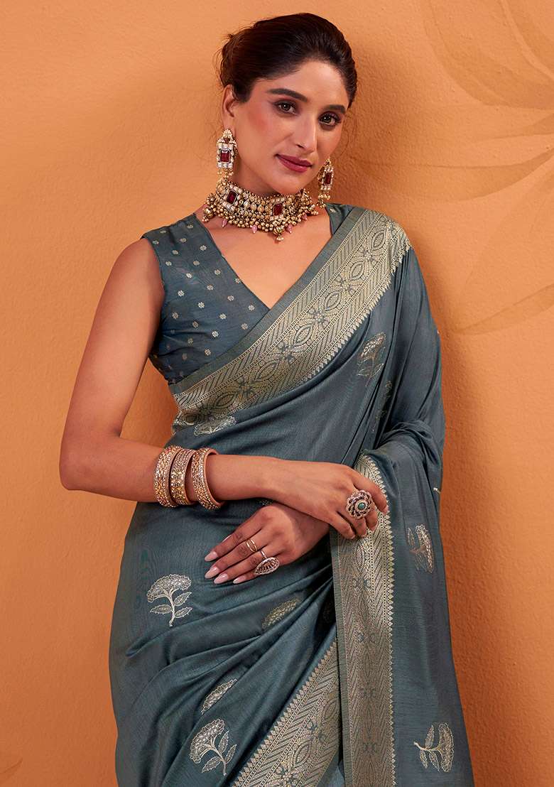Grey Woven Silk Blend Saree Set - Indya