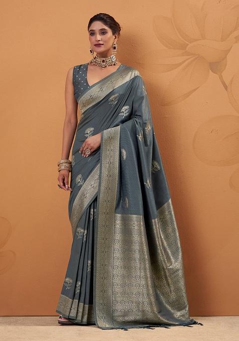 Grey Woven Silk Saree Set