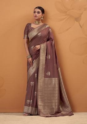 Brown Woven Silk Saree Set