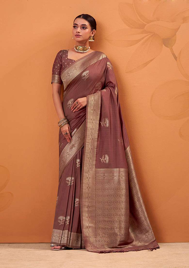 Brown Woven Silk Blend Saree Set - Indya