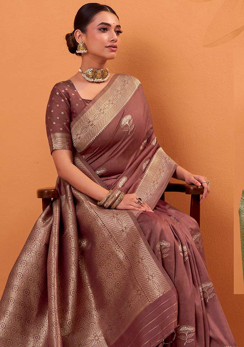 Brown Woven Silk Blend Saree Set - Indya